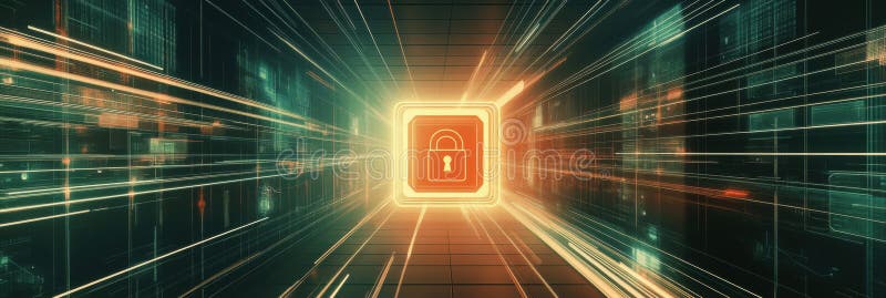 A brightly lit computer screen showcases a central lock icon, representing security measures in digital systems and stock images