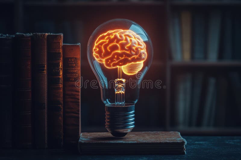 Brightly lit 3D rendering of a light bulb with a glowing brain vector illustration