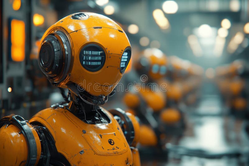 Innovative robots engage in efficient automation processes within a vibrant factory environment stock photos