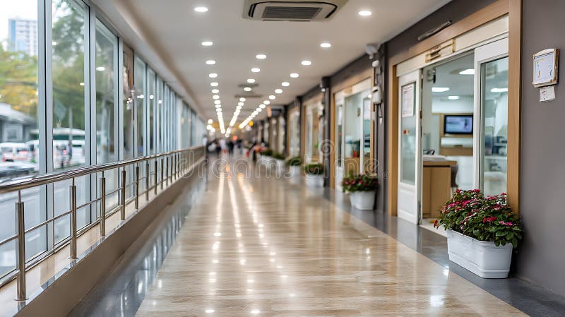 Brightly Lit Modern Corridor with Shops and Plants vector illustration