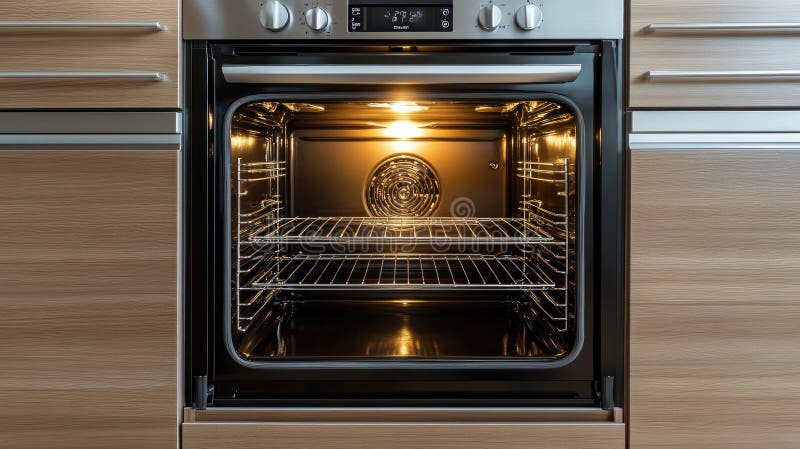 Brightly lit modern kitchen oven features two empty racks, highlighting its spacious interior and sleek stainless steel royalty free stock photography