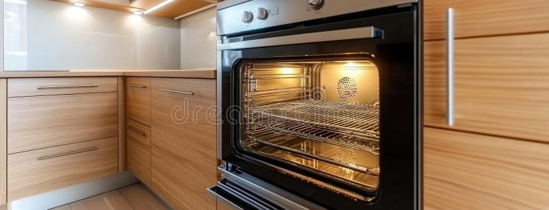 Brightly lit modern kitchen oven features two empty racks, highlighting its spacious interior and sleek stainless steel stock image