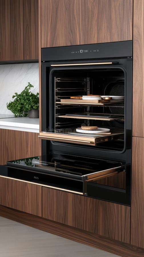 Brightly lit modern kitchen oven features two empty racks, highlighting its spacious interior and sleek stainless steel stock photos