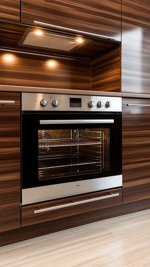 Brightly lit modern kitchen oven features two empty racks, highlighting its spacious interior and sleek stainless steel royalty free stock photo