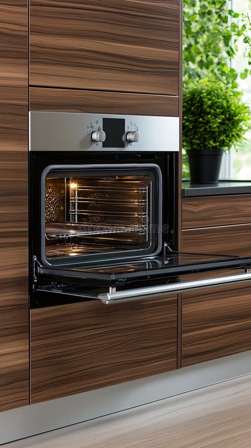 Brightly lit modern kitchen oven features two empty racks, highlighting its spacious interior and sleek stainless steel stock image