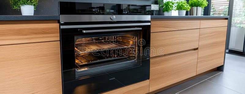 Brightly lit modern kitchen oven features two empty racks, highlighting its spacious interior and sleek stainless steel stock image