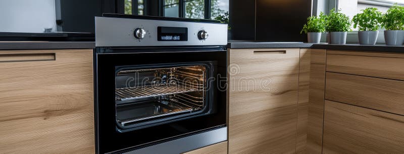 Brightly lit modern kitchen oven features two empty racks, highlighting its spacious interior and sleek stainless steel stock photo