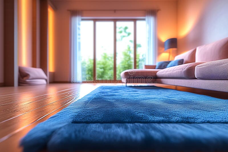 Brightly lit modern living room adorned with comfortable blue textiles stock illustration