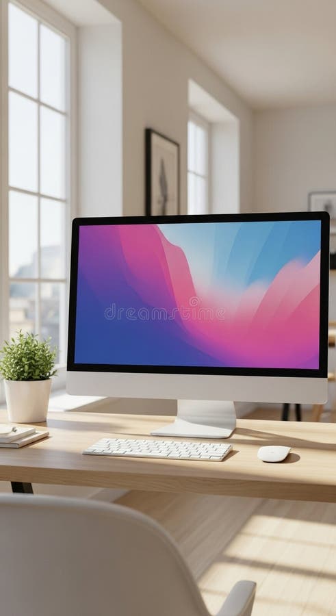 Brightly lit modern office with a large window allowing ample sunlight. Features a royalty free illustration