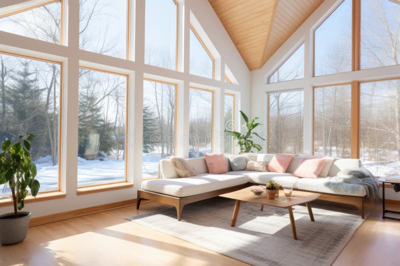 Brightly lit modern saltbox interior with large windows stock illustration