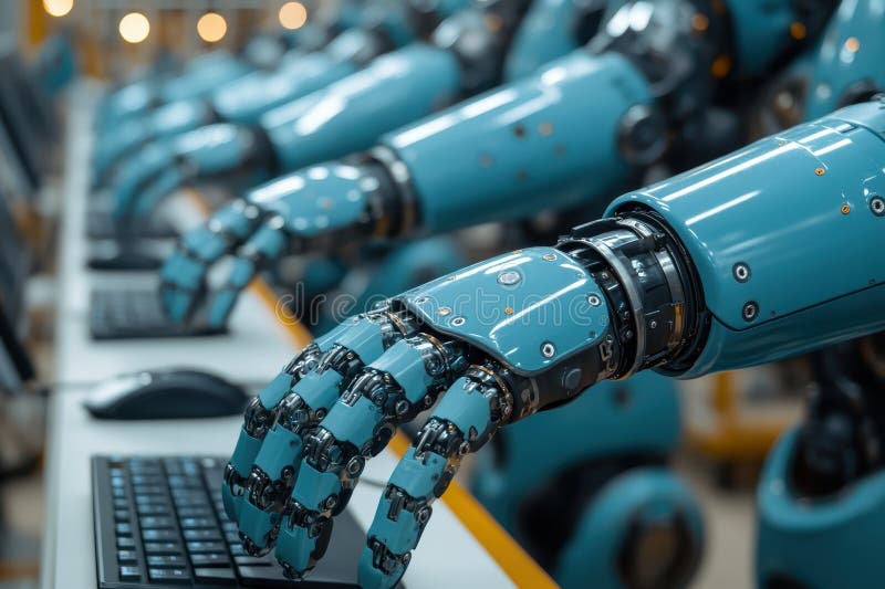 Robot arms engage with computers in a busy office environment filled with cubicles stock photography