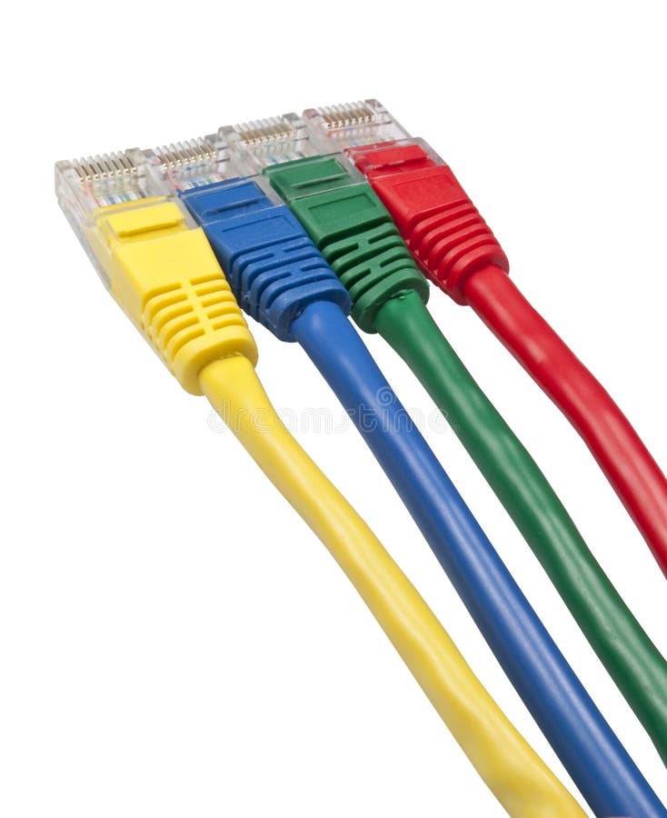 Closeup on a set of four brightly multi coloured ethernet network plugs with cables isolated on white background. Set of colored network plugs.