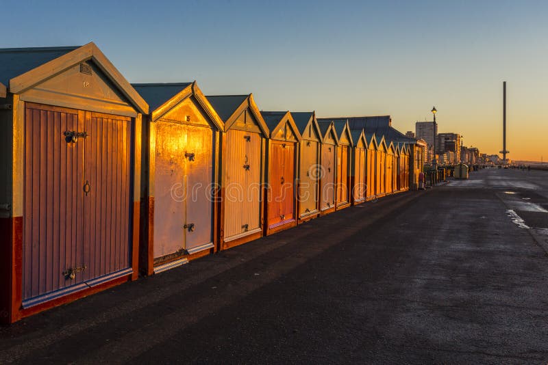 Brighton colorful beach hut beach house along the coast of Brighton Pier.