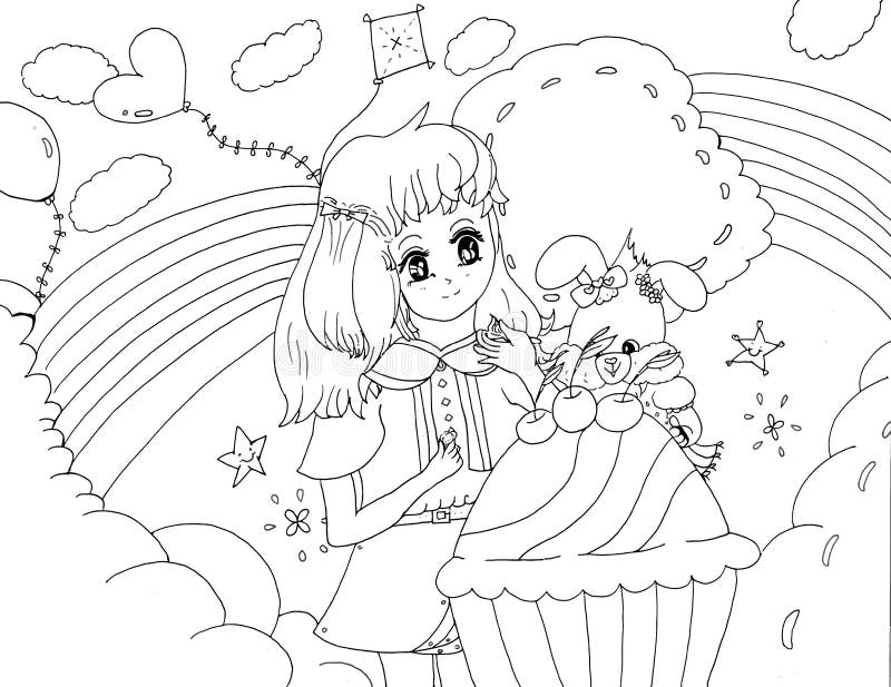  Brillante Reflexiva Chica Joven Anime Estilo Con Dibujos Animados Conejo Disfrutando Jumbo Cupcake Para Colorear Ilustración De La Ilustración del Vector