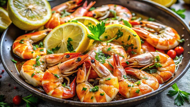 Brillengarnele PanSeared Lemon Garlic Shrimp Nahe Up von perfekt gekochten Juicy Shrimps mit einem Burst von aromatisiertem Knobla stock abbildung