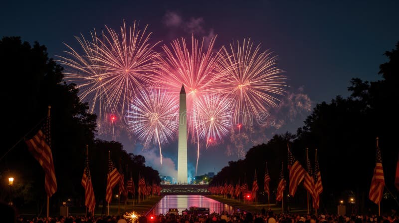 Brilliant fireworks erupt in vibrant colors over the Washington Monument, surrounded by waving American flags. This royalty free stock image