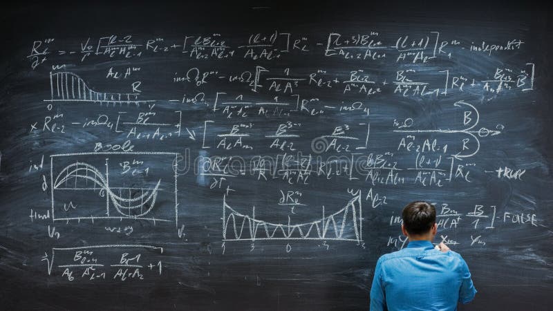 Brilliant Young Mathematician is Finishing Writing Complex Equation on the B stock images.