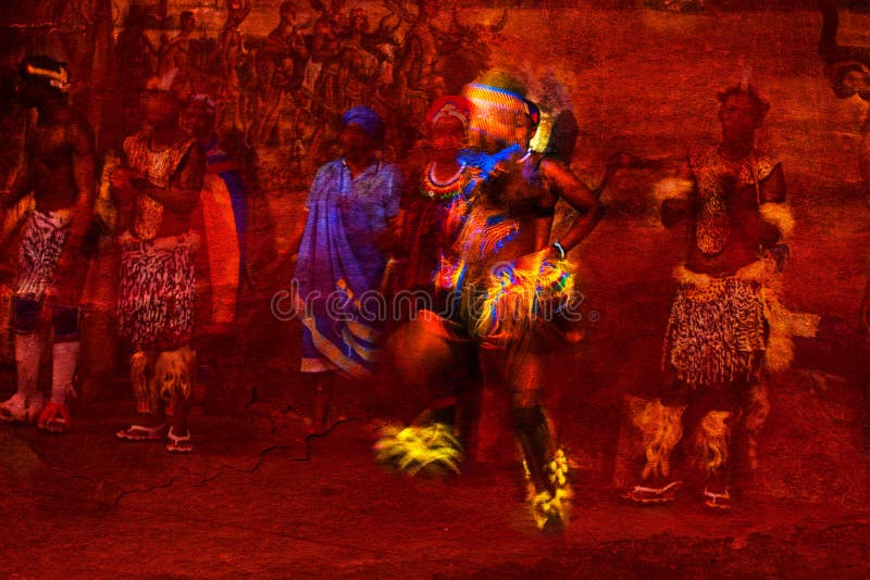 Brilliantly colored African Dancer Abstract in Motion and people in Native costume against a textured red background