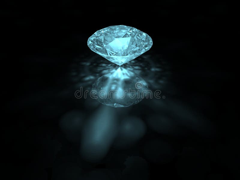 A bluish brilliant cut diamond on dark background. A bluish brilliant cut diamond on dark background