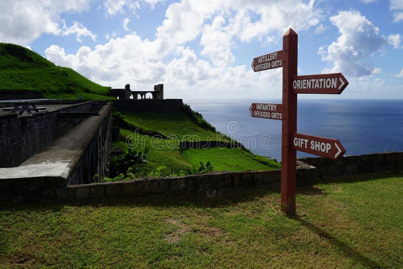 Brimstone Hill Fortress sign with ruins and sea at the background