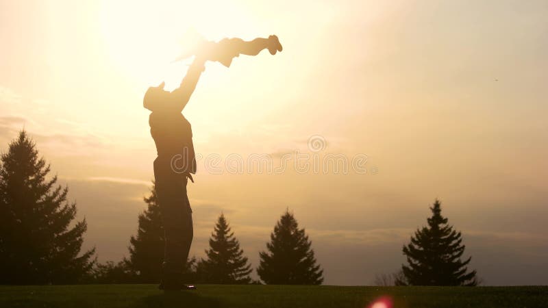 Bringen Sie das Anheben herauf seine Tochter im Park w?hrend Sonnenuntergang hervor