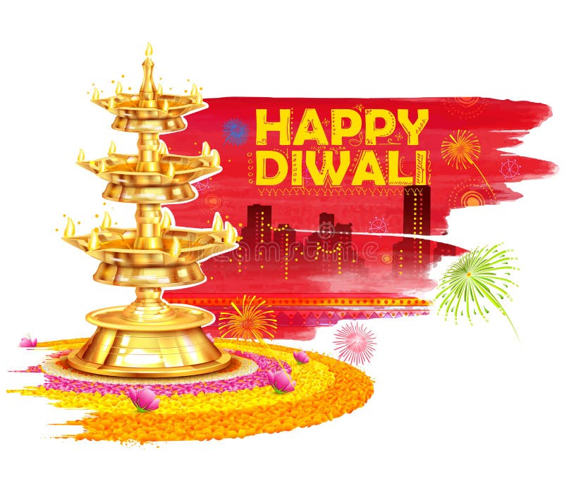 Brinnande diya på lycklig bakgrund för Diwali ferievattenfärg för ljus festival av Indien
