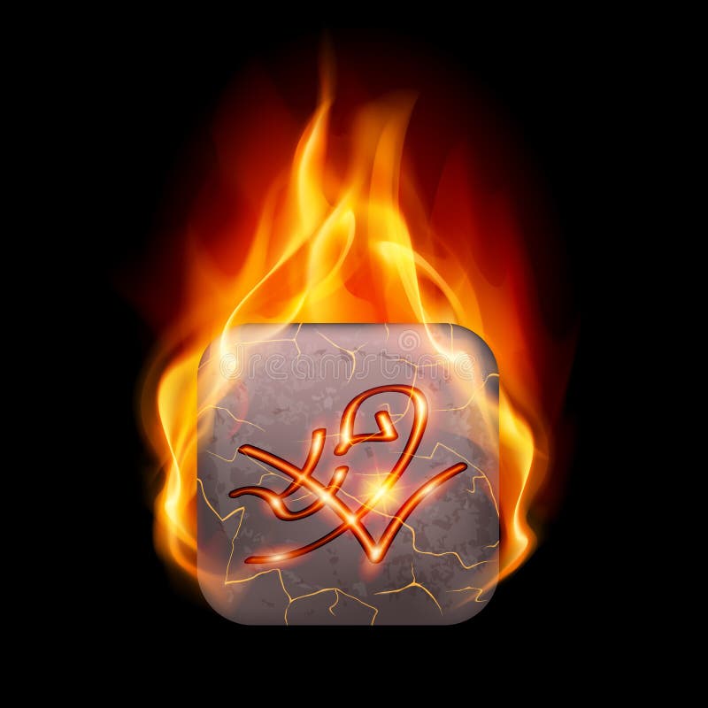 Quadrangular stone with magic rune in orange flame. Quadrangular stone with magic rune in orange flame