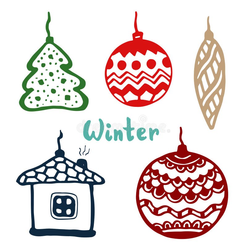 Brinquedos da árvore de Natal a garatuja ajustou-se com árvore, casa e bolas ícone da ilustração da arte do vetor ilustração royalty free Brinquedos da árvore de Natal a garatuja ajustou-se com árvore, casa e bolas ícone da ilustração da arte do vetor ilustração royalty free