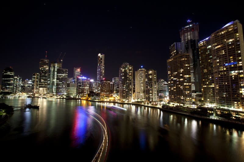 Brisbane city with boat light streaks