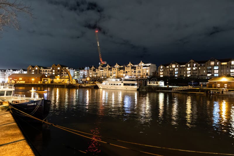 Bristol Waterfront at Night Harbourside Yacht and Helicopter Stock