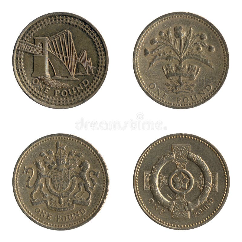Briten eine Pfund-Münzen-Rückseiten-Auslegungen stockfoto Briten eine Pfund-Münzen-Rückseiten-Auslegungen stockfoto