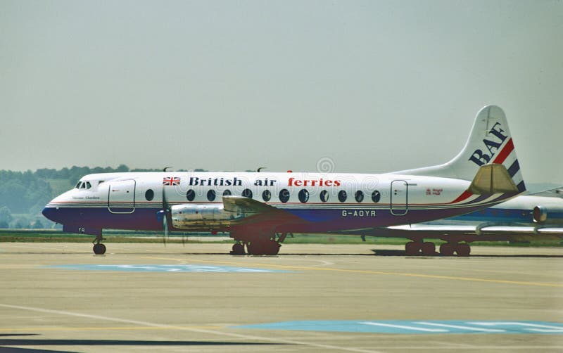 A British Air Ferries Vickers 806 Viscount at London Stansted Airport on July 2 , 1984.