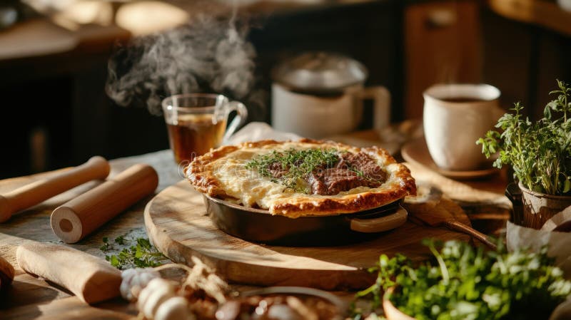 British Pie Week Rustikaler hausgemachter Fleischkuchen mit frischen Kräuter auf einer Holzküche lizenzfreie abbildung