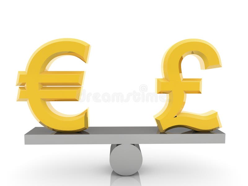 British Pound sign and Euro sign on seesaw on white backgrounds