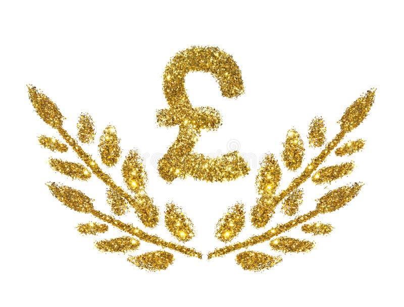 British Pound sign and twigs with leaves of golden glitter sparkle on white background. Concept of prosperity