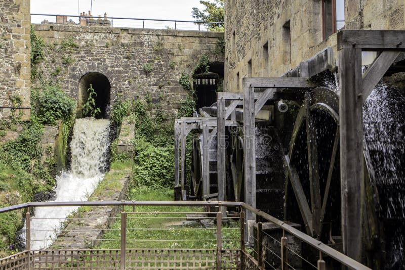 The castle, first build in the 11th century, became a military stronghold of prime importance for Brittany. It is one of the best preserved castles in Europe. A water mill in the wall of the castle. The castle, first build in the 11th century, became a military stronghold of prime importance for Brittany. It is one of the best preserved castles in Europe. A water mill in the wall of the castle.