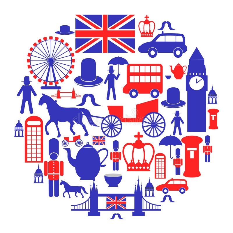 Brittisk symbolsuppsättning i cirkel stock illustrationer Brittisk symbolsuppsättning i cirkel stock illustrationer