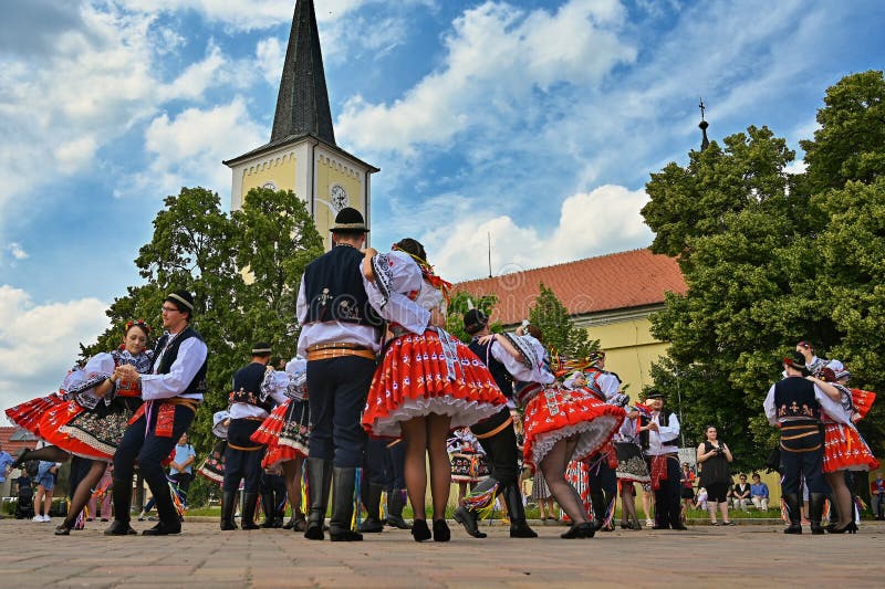 Brno - Bystrc, Czech Republic, June 22, 2019. Traditional Czech feast. Folk Festival. Girls and boys dancing in beautiful costumes