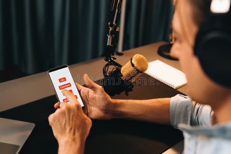 Broadcaster promote fanclub page on social media to follow live time. Pecuniary. royalty free stock photography