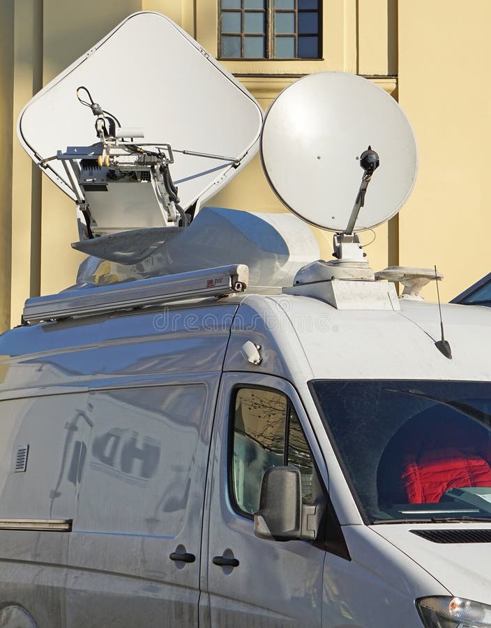 Broadcasting Vehicle,Parked Satellite TV Van Transmits Stock Photo