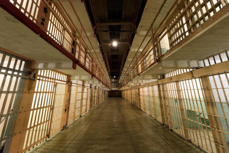 Broadway, the main corridor of the cellhouse dividing B and C Blocks of Alcatraz Prison at Alcatraz Island. Broadway, the main corridor of the cellhouse dividing B and C Blocks of Alcatraz Prison at Alcatraz Island