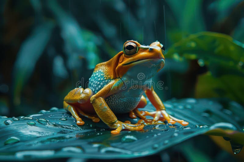 Broască tropicală viu colorată cocoțată pe o frunză umedă întunecată frunze luxuriante verde închis încețoșate ușor în fundal royalty free illustration