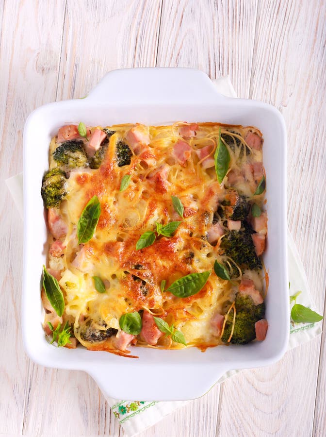Broccoli, Cauliflower, Spaghetti and Ham Bake Stock Photo Image of