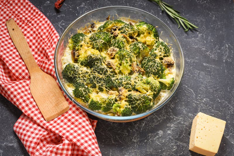 Broccoli Cheddar Egg Casserole in Baking Dish on Stone Background Stock Image Image of