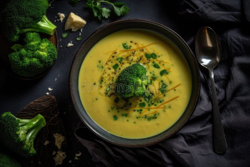 Broccoli Cheddar Soup Vegetarian, Top View. Generative AI Stock