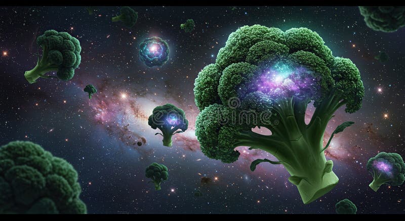 Broccoli Floating in Space with Galaxy Background Fantasy Concept Art stock illustration