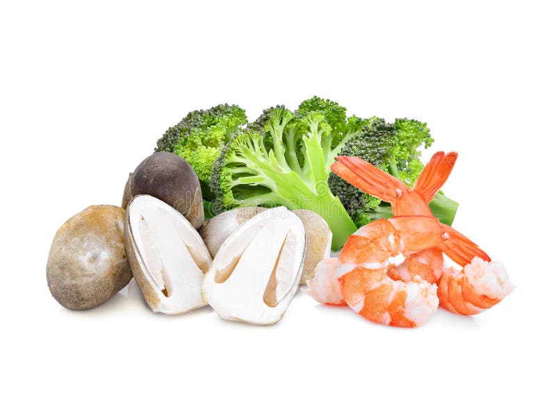 Broccoli,shrimps,straw mushroom isolated on white royalty free stock image