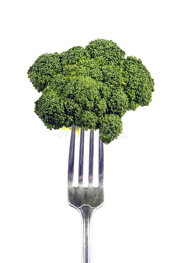 Broccoli On Top Of Fork Isolated On White