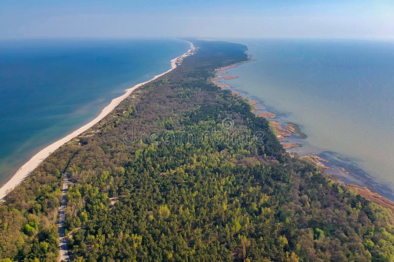 Curonian Spit from above, aerial view of the national park located between the sea and the lagoon. Curonian Spit from above, aerial view of the national park located between the sea and the lagoon