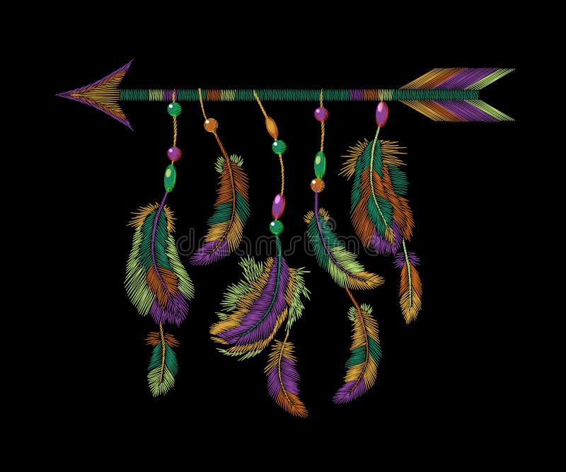 Colorful feathers arrow embroidery. Boho tribal clothes american indian bird motif ethnic embroidered background. Fashion template design vector illustration art. Colorful feathers arrow embroidery. Boho tribal clothes american indian bird motif ethnic embroidered background. Fashion template design vector illustration art